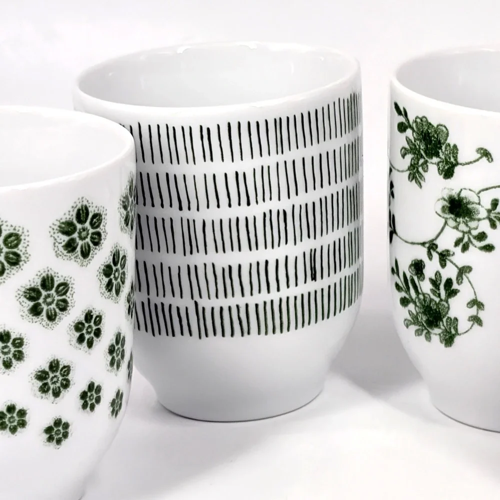 IKEA Entusiasm Mixed Pattern Green Cups Set of 4 Floral Dot Stripe Mugs Tumblers
